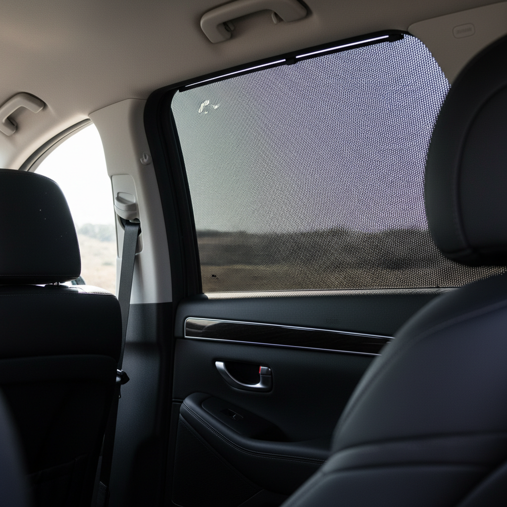 현대적인 SUV 뒷좌석 창문에 설치된 검은색 미세 매시 소재의 햇빛 가리개로 외부 풍경은 반투명하게 보이면서 강렬한 햇빛만 효과적으로 차단하는 고해상도 실내 근접 사진