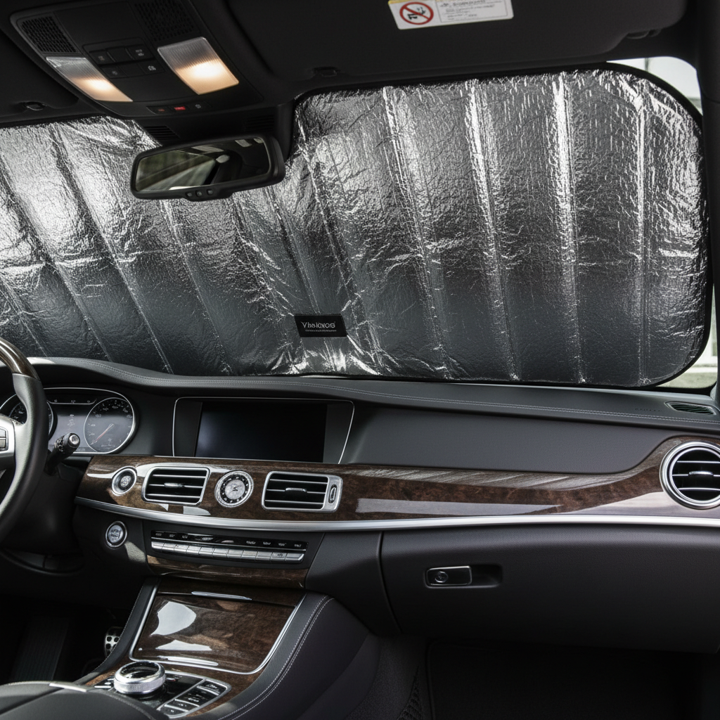 세단 자동차의 앞 유리를 완전히 덮고 있는 은색 반사 코팅의 아코디언 스타일 전면 햇빛 가리개와 대시보드 위로 비치는 은은한 그림자를 포착한 고품질 인테리어 이미지