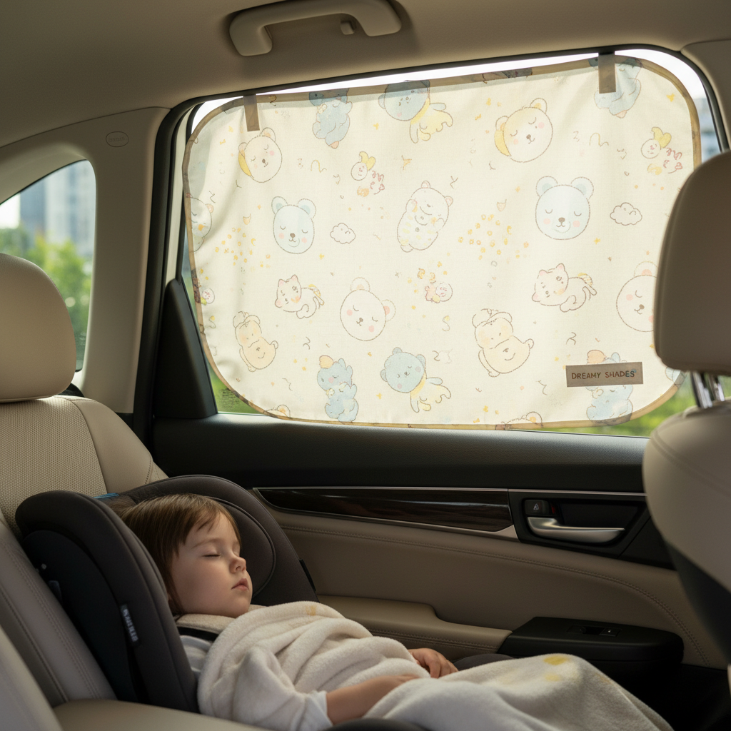 카시트에 잠든 아이를 보호하기 위해 자동차 옆 유리에 부착된 귀여운 캐릭터 패턴의 패브릭 햇빛 가리개와 부드러운 자연광이 어우러진 따뜻한 분위기의 사진