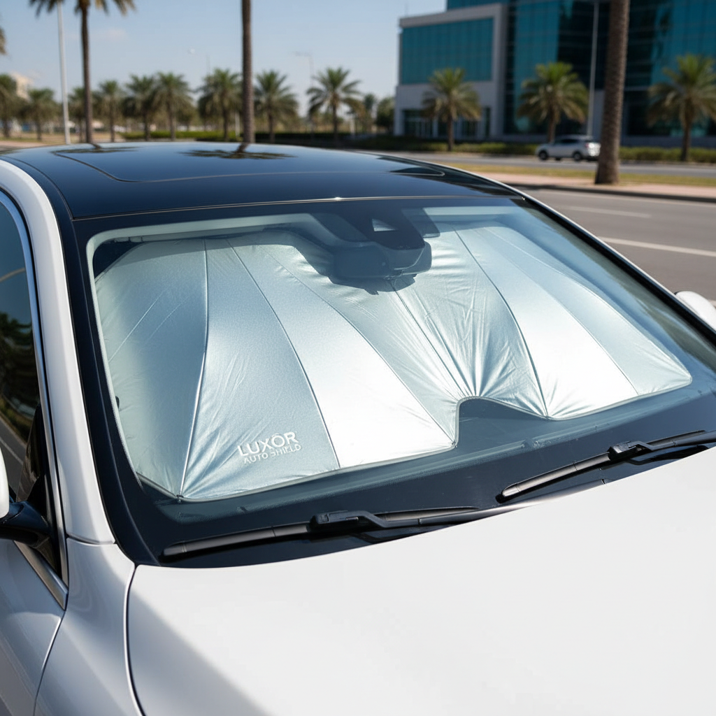 뜨거운 태양 아래 주차된 흰색 차량 외부에서 바라본 앞 유리 모습으로 우산형 접이식 햇빛 가리개가 내부 열기를 반사하며 견고하게 설치된 풍경 사진