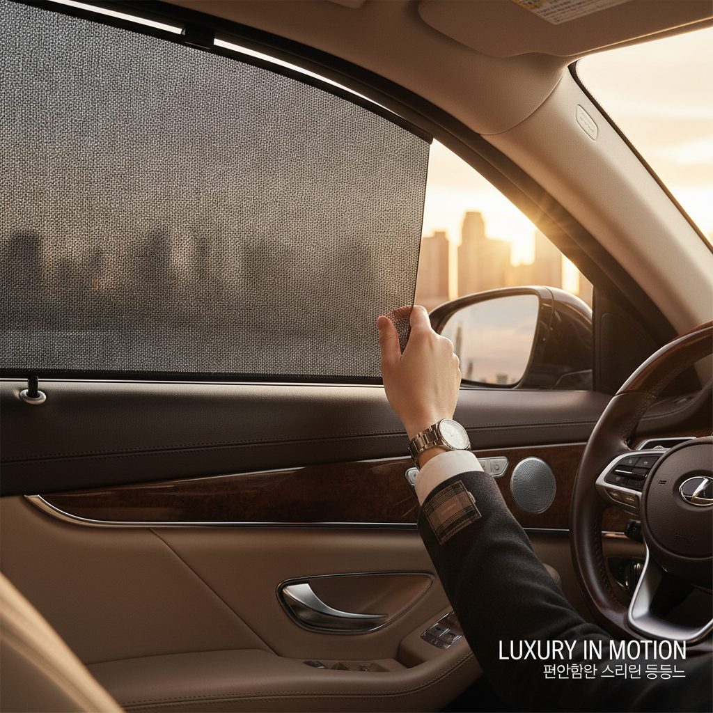 운전석 옆 유리창에 설치된 반자동 롤업 방식의 햇빛 가리개를 손으로 부드럽게 내리는 순간을 포착하여 편리함과 고급스러운 재질감을 강조한 라이프스타일 이미지