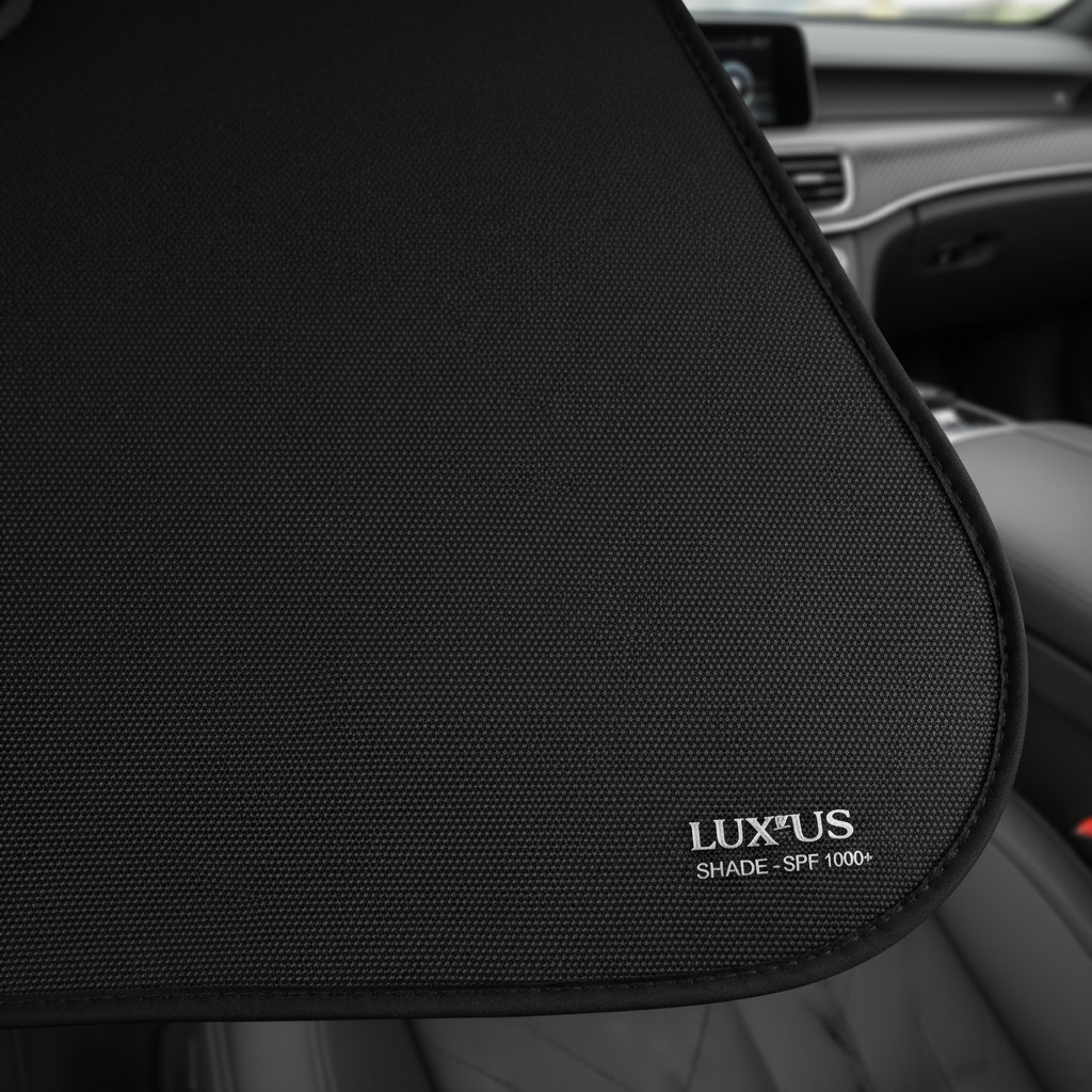 자외선 차단 지수가 높은 특수 암막 원단의 질감을 근접 촬영하여 미세한 조직감과 고급스러운 무광 검정색이 돋보이는 자동차용 햇빛 가리개 상세 이미지